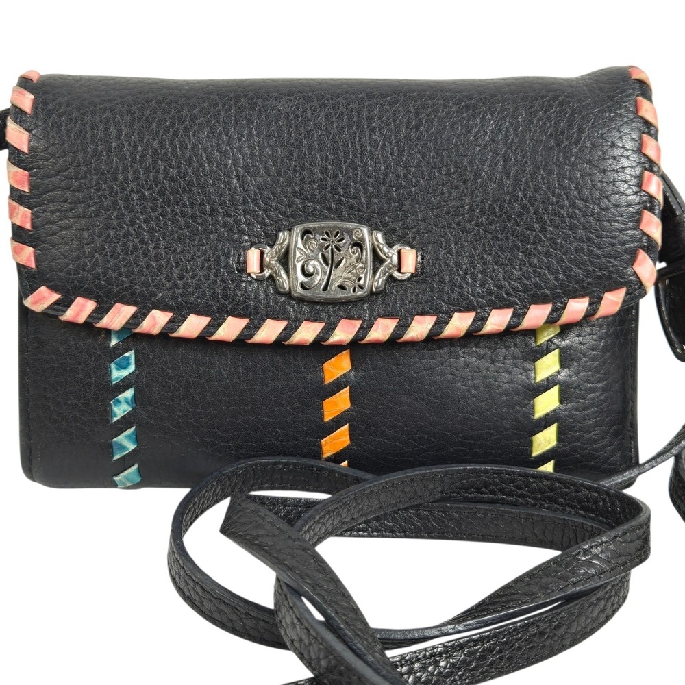 VTG Y2K Brighton Crossbody Wallet Black Pebbled Leather Colorful Whipstitch EUC